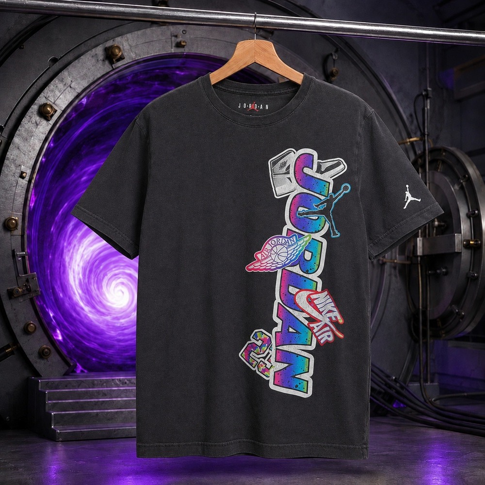 Jordan Brand Kids Vertical Multi Logo Graphic T-Shirt Black Faded Retro Wash